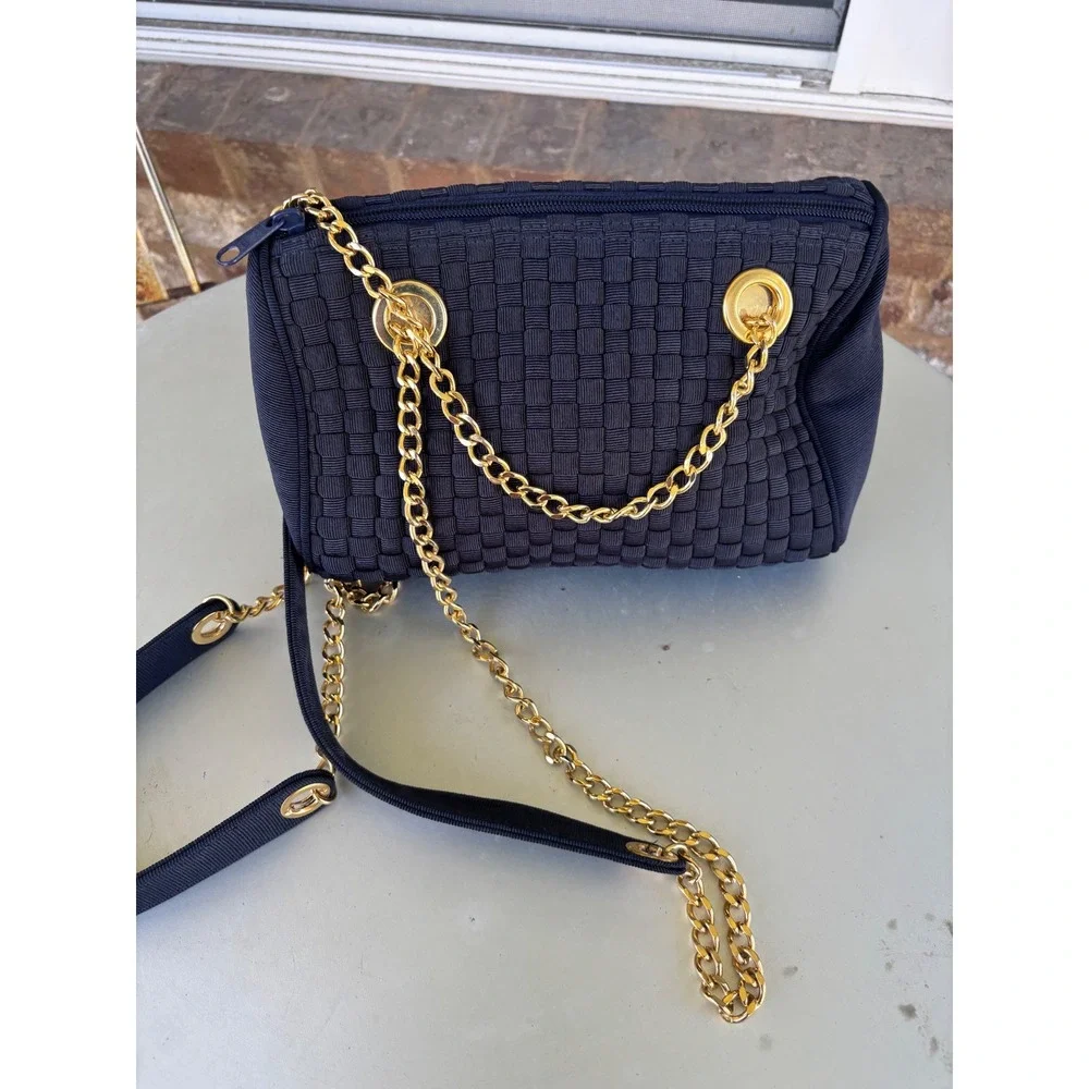 Inge Christopher Navy Blue Woven Ribbon Shoulder Bag Gold Chain Strap